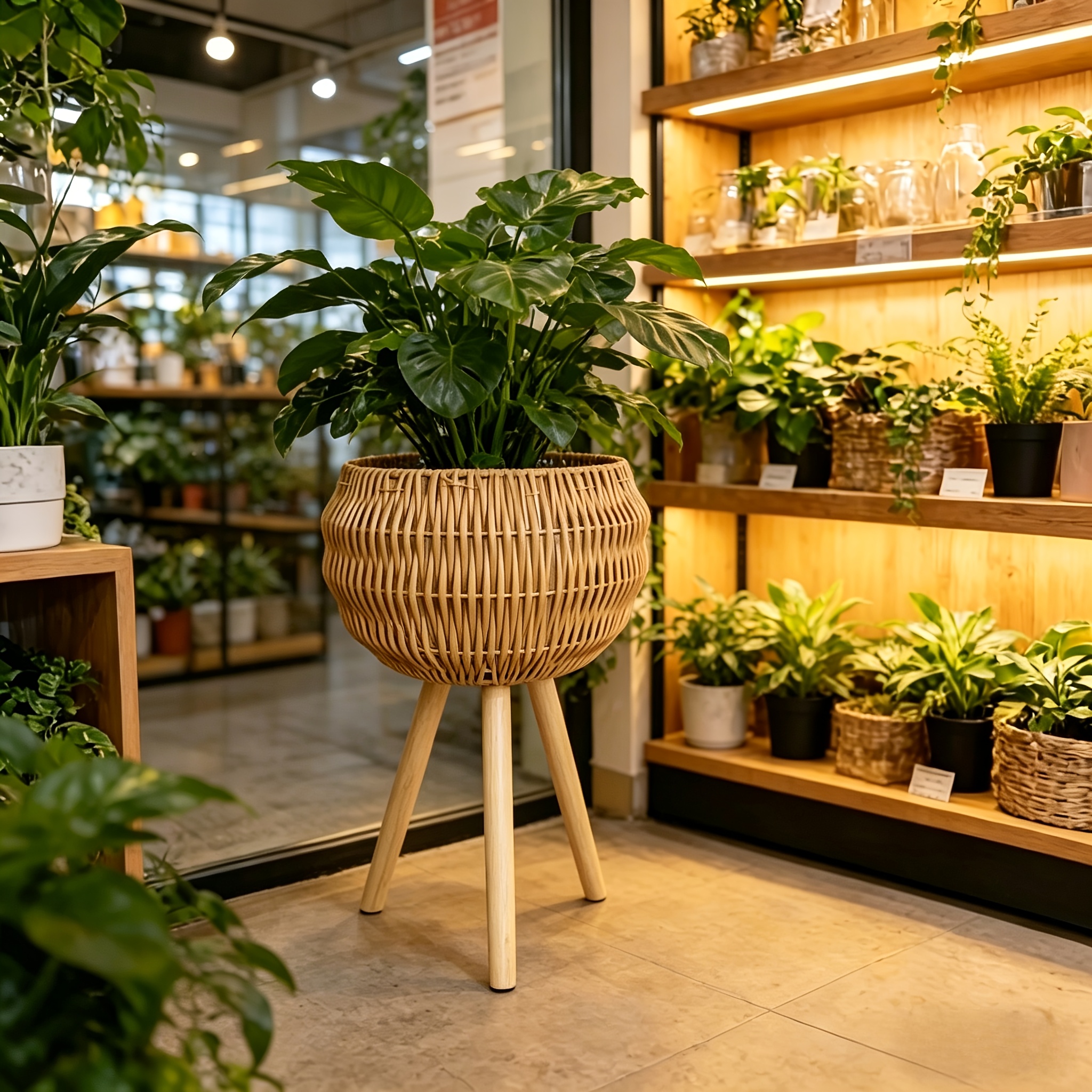 1pc Boho Rattan Plant Pot with Wooden Tripod Stand, Hand Woven Basket Planter with Liner, Ideal for Indoor Plants, Living Room, Balcony, Apartment, Perfect for Renters