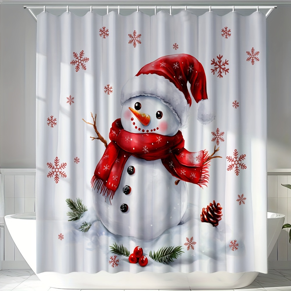 

1pc Christmas Shower Curtain With Cute Snowman, Christmas , Christmas Tree, Funny Bathroom Decor With Hooks