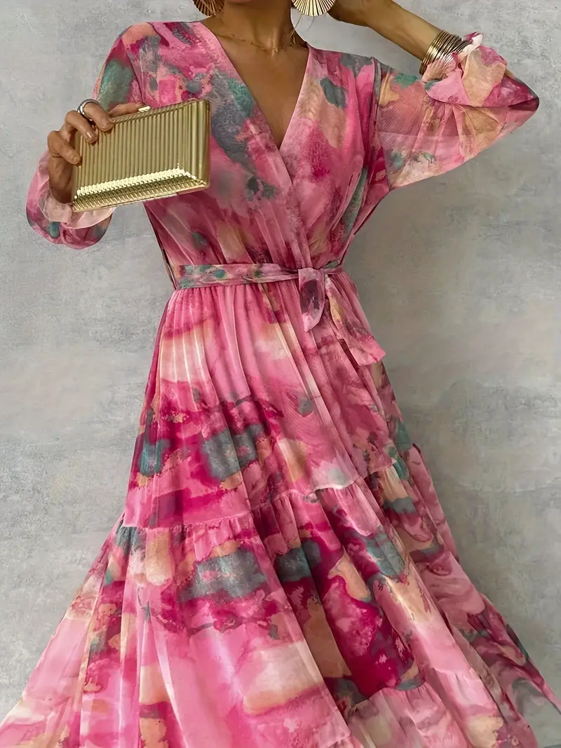 womens elegant floral print maxi dress a line formal casual gown pink machine washable non stretchy fabric for parties office casual attire womens clothing silhouette quality stitching vneckline dress party Product details 1