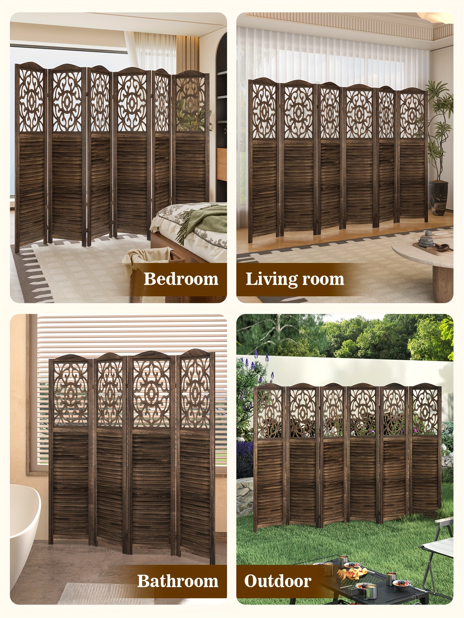 4/6 Panel Room Divider, 5.58 FT Folding Privacy Screen Room Separation, Freestanding Partition for Home Office Garden, Wood Carved Portable Room Divider Panel, Antique White/Rustic Brown
