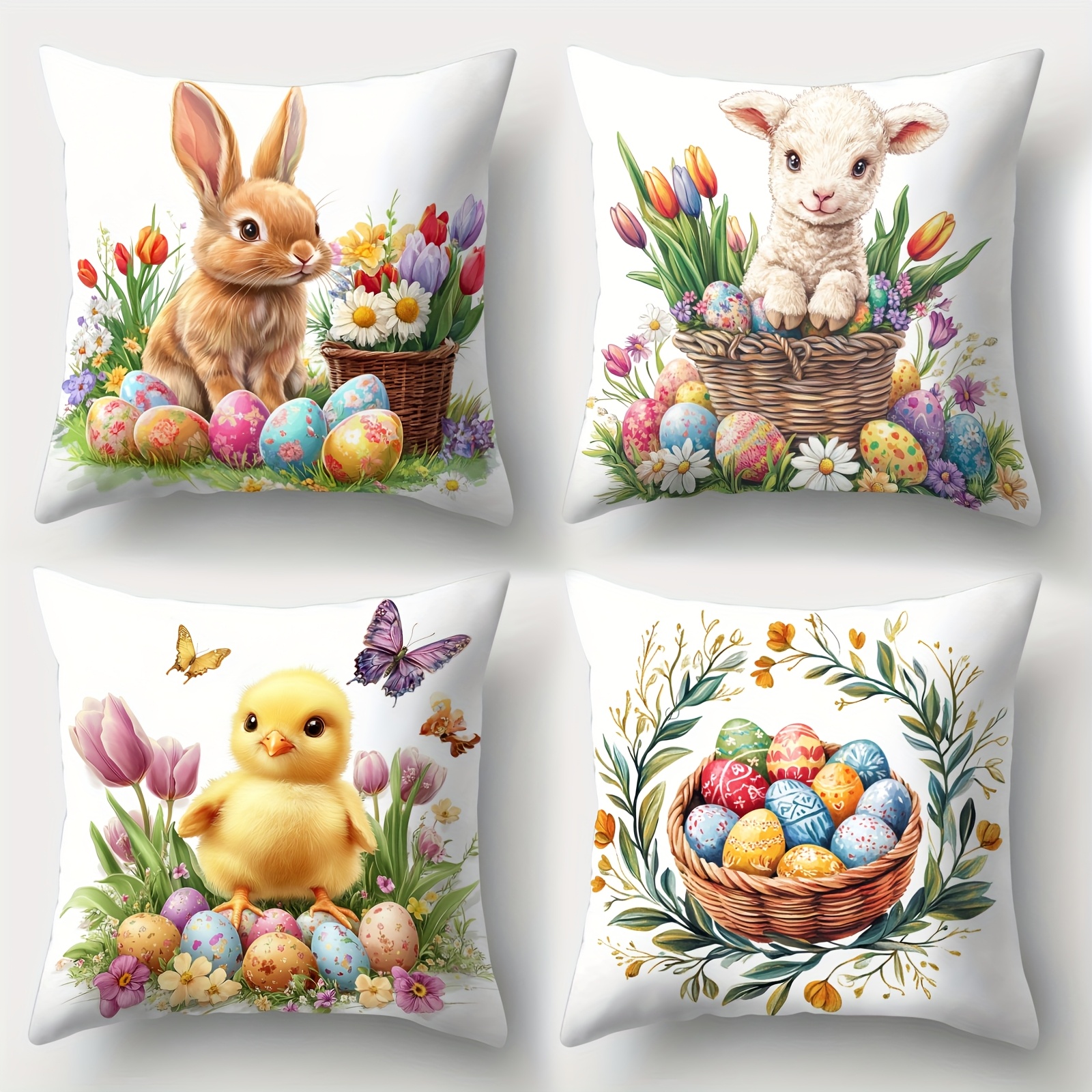 E-shop 4-teiliges Osterhasen-Lamm-Küken-Eier-Bezug-Set – Frühlingshafte Pastell-Kissenbezüge mit Reißverschluss, Weiche -Sofa-Bett-Deko für