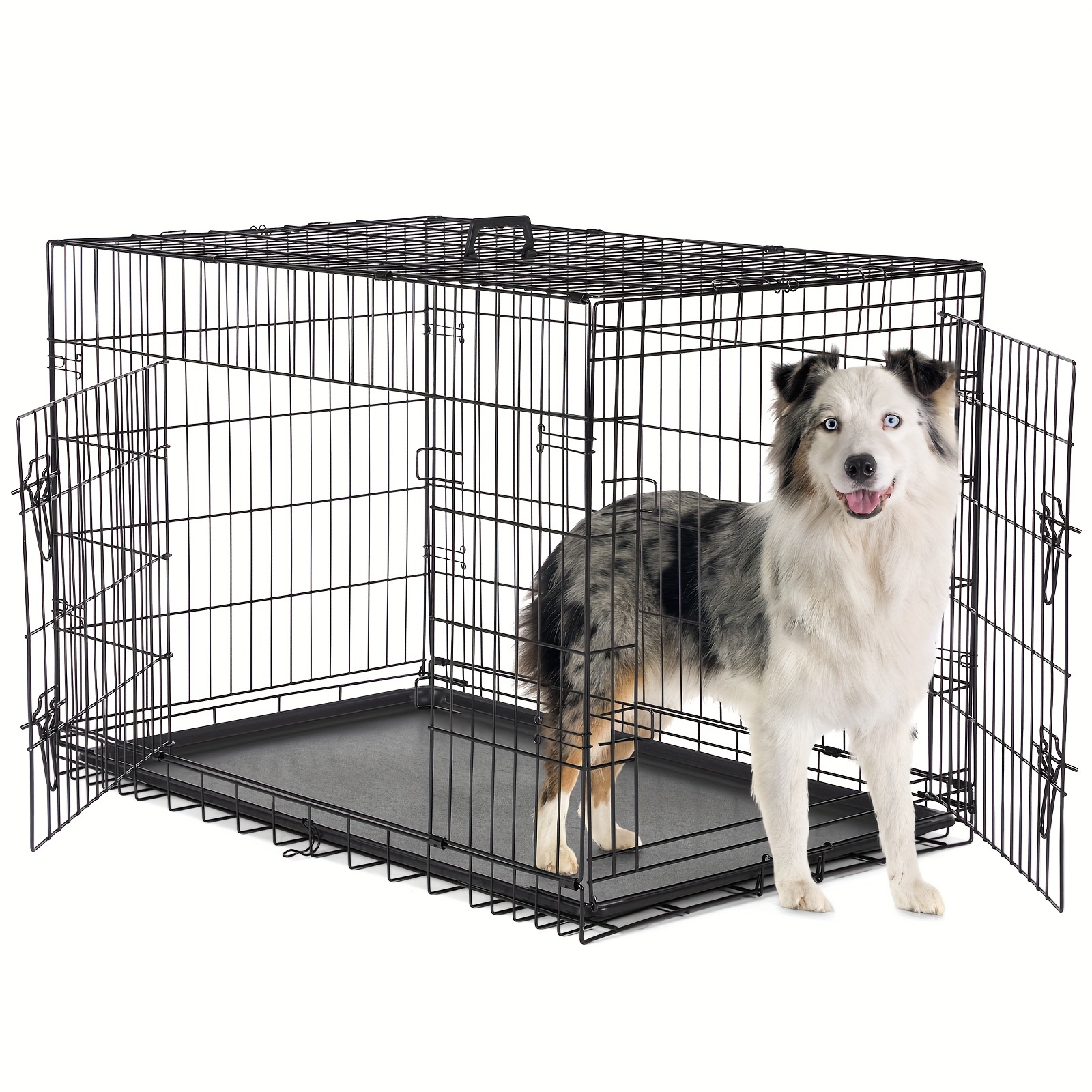 

Big Dog Crate With Divider Panel, 42 Inch Double Door Folding Metal Wire Dog Cage With Plastic Leak-proof Pan Tray