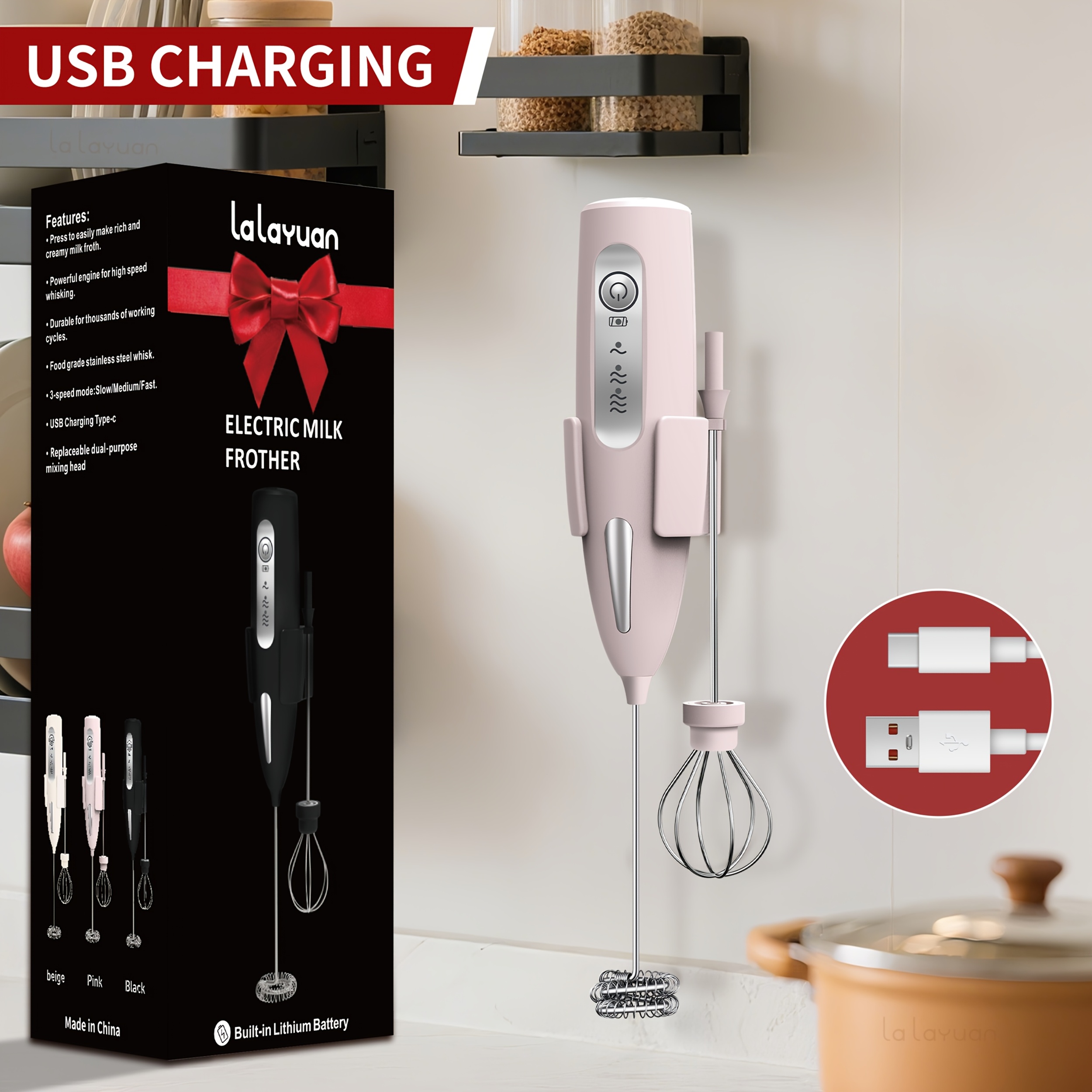 TEMU 3-speed Usb Rechargeable Electric Milk Frother, 1 Optional Head (foam Maker/egg Whisk) | Powerful Handheld Drink Mixer, For Coffee, , Chocolate,