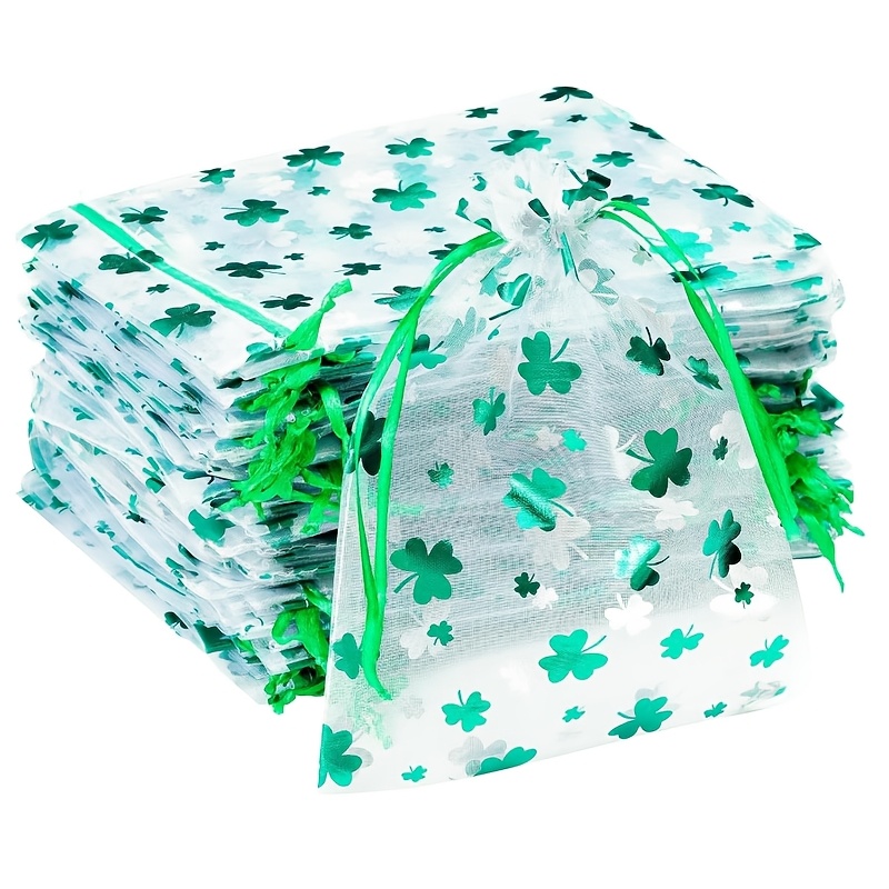 Image of Organza Gift Bags For 's Day, Green Shamrock Party Theme Drawstring Gift Bags