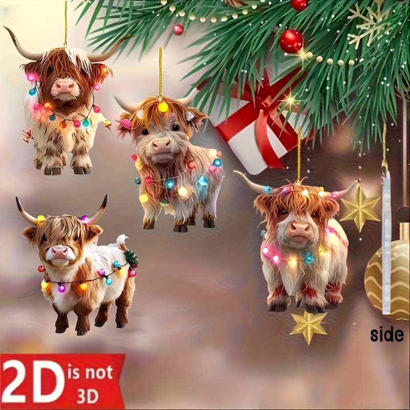 TEMU 2D Flat - Ein Set aus vier bezaubernden Highland-Kuh--Ornamenten aus Acryl für 2D-Dekoration, geeignet für und festliche Außendekorationen