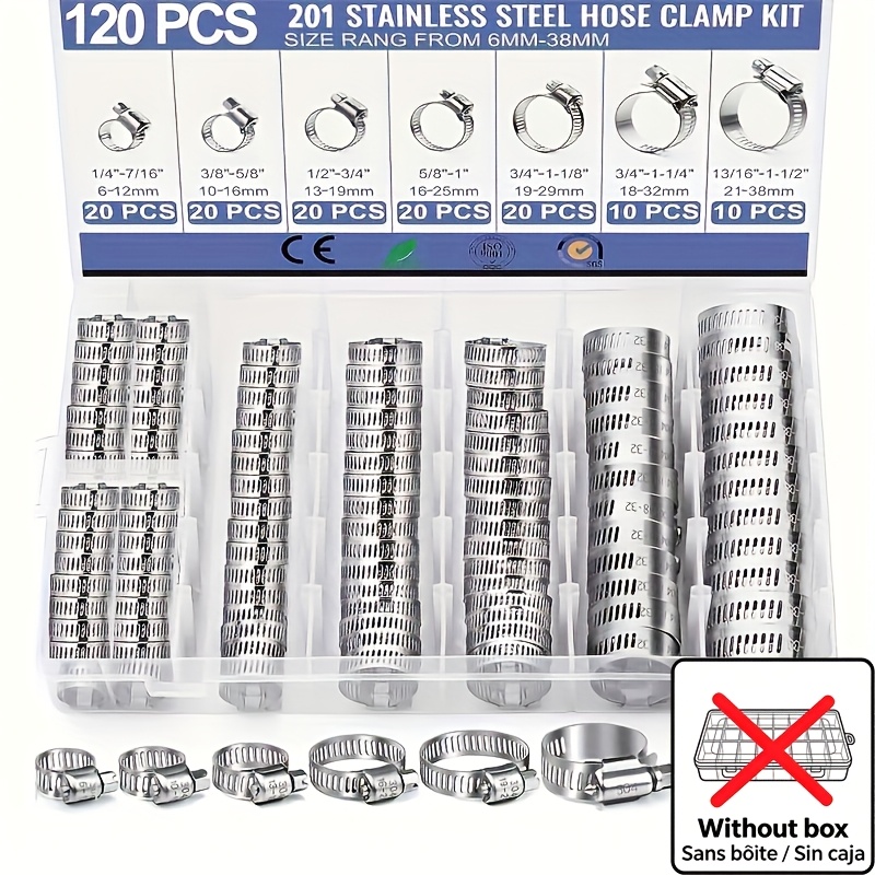 Image of 120pcs Stainless Steel Hose Clamps Kit - Worm Gear, Rustproof & Adjustable For Fuel Lines, Plumbing, Automotive, Mechanical Applications, Pipes, Tubes, Radiators, And Garden Use, Sizes 1/4" To 1-1/2