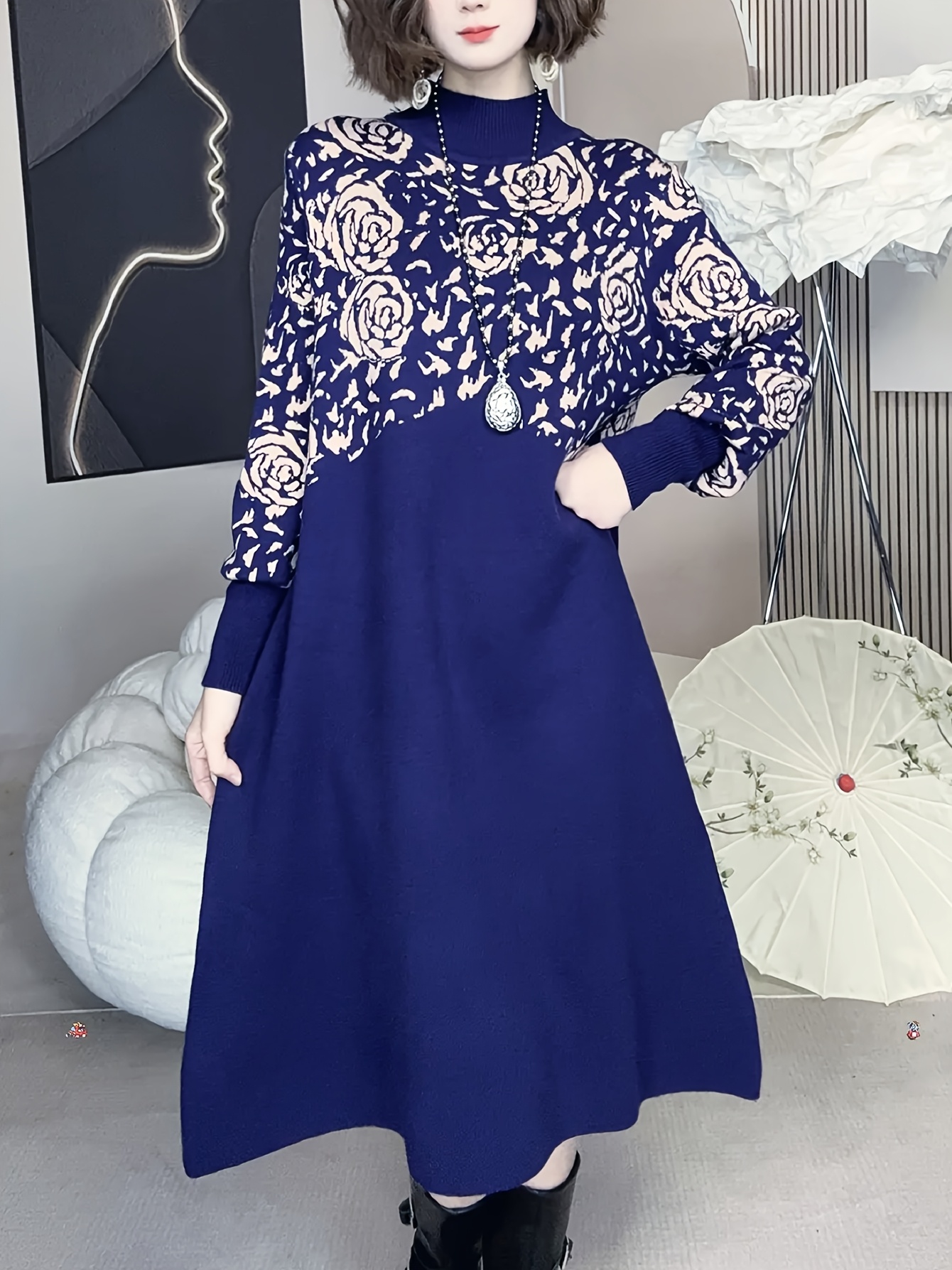 formal royal blue dress for women Voguable Plus Size Knitted Sweater Dress Women Long Sleeve V Neck Soli –  voguable main image 0