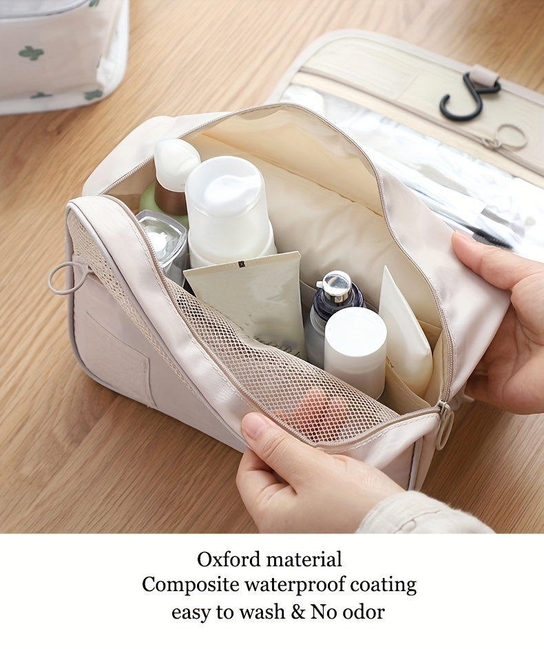 waterproof oxford fabric travel organizer multifunctional folding toiletry bag with hook light gray ivory cosmetic storage hanging details 3