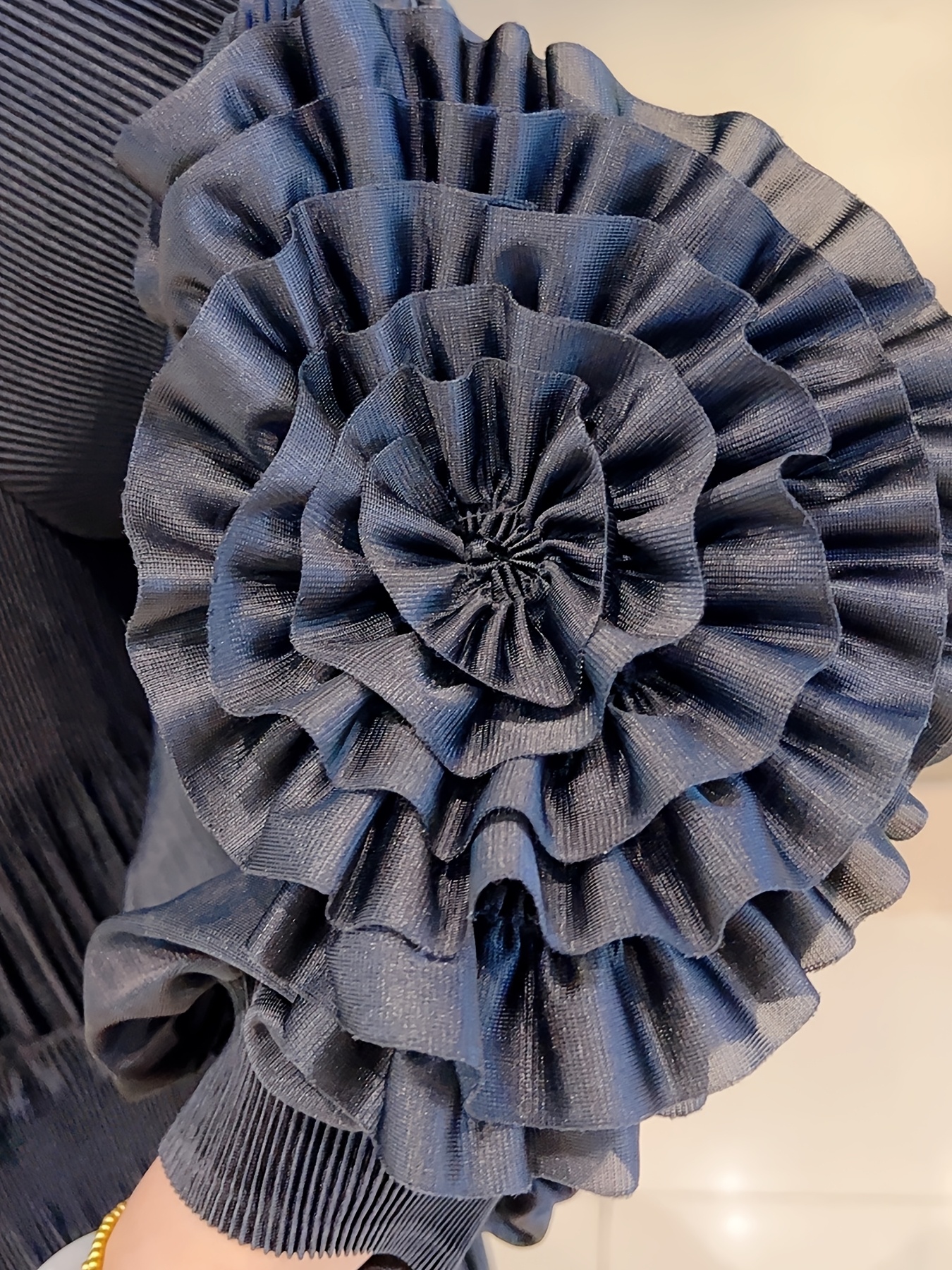 1pc elegant 3d floral embroidery dress 1pc elegant plus size long dress with 3d floral embroidery polyester round neck a line ruffle dress high stretchability solid color   casual outing style no padded pullover design 100g m lining weight black 4