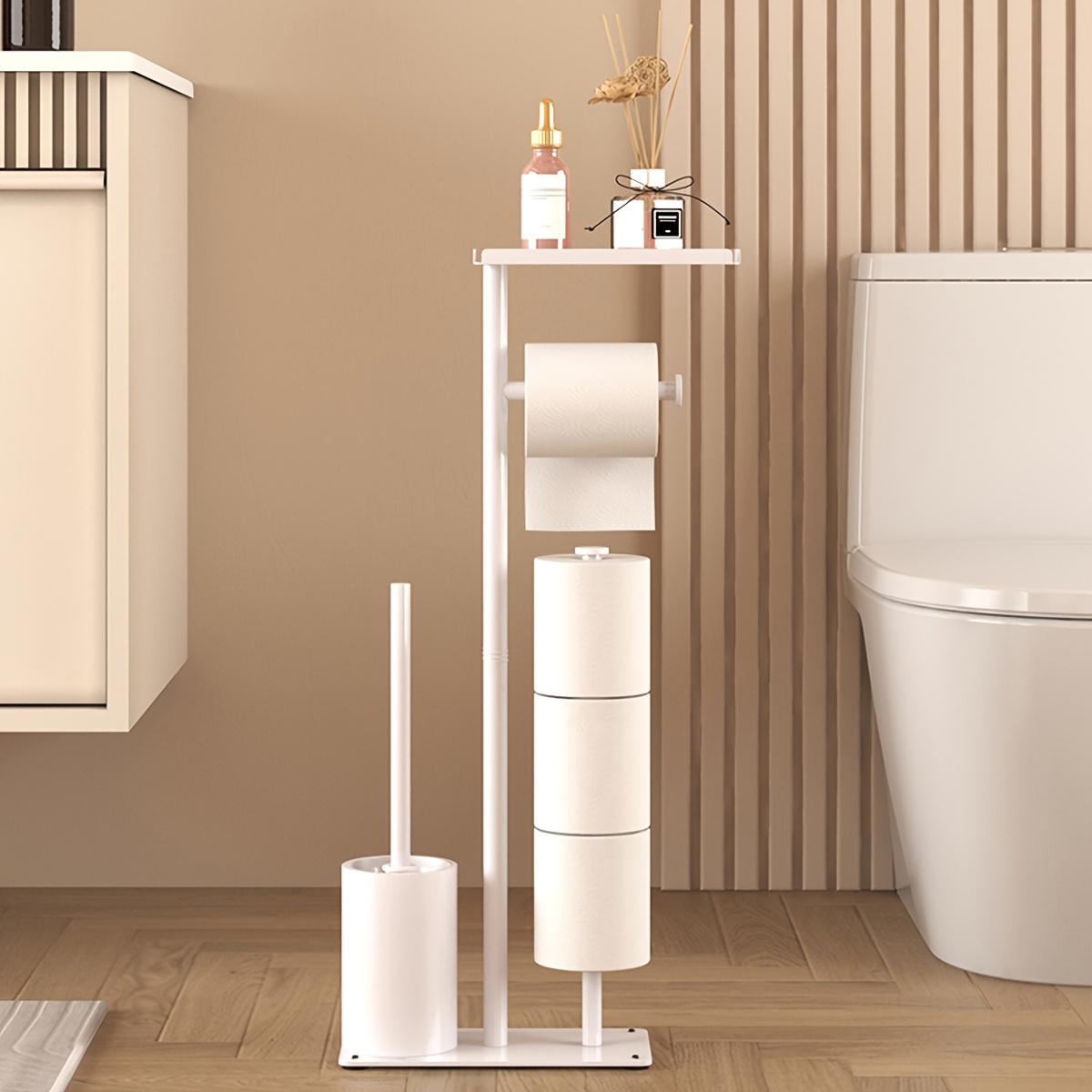 1pc Freestanding Toilet Paper Holder with Storage - Self-Adhesive, Wrought Iron Bathroom Accessory for Tissues & Rolls, Toilet Paper Dispenser, Living Room, Christmas/Halloween Gift Decoration - Unfinished
