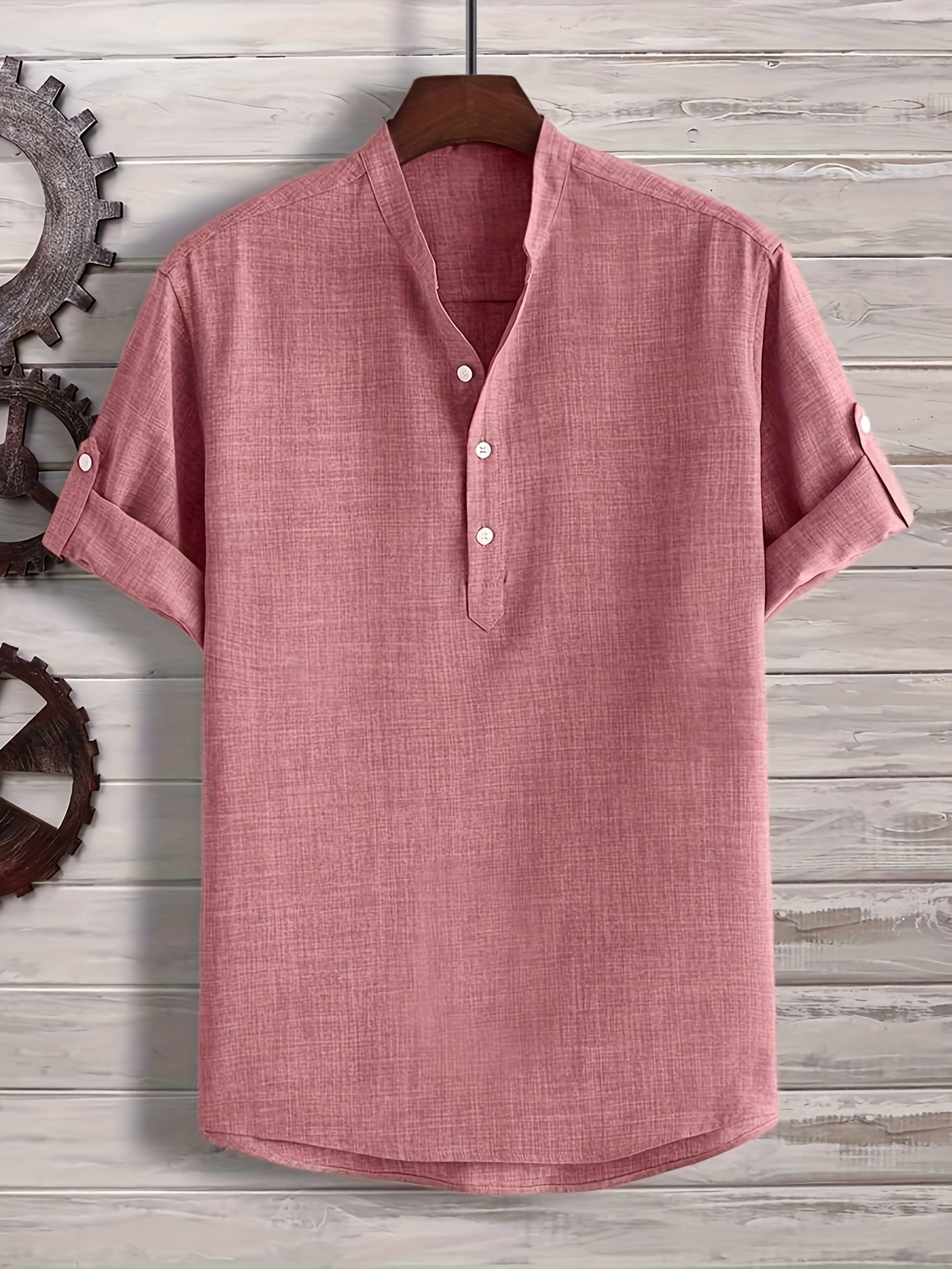 Men's Solid Color Henley Collar Short Sleeve Shirt, PLUS SIZE