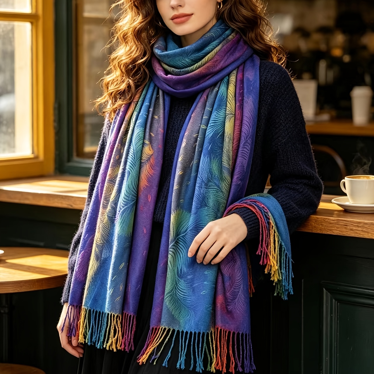 Bohemian Colorful Peacock Scarf, Women's Autumn Winter Jacquard Shawl