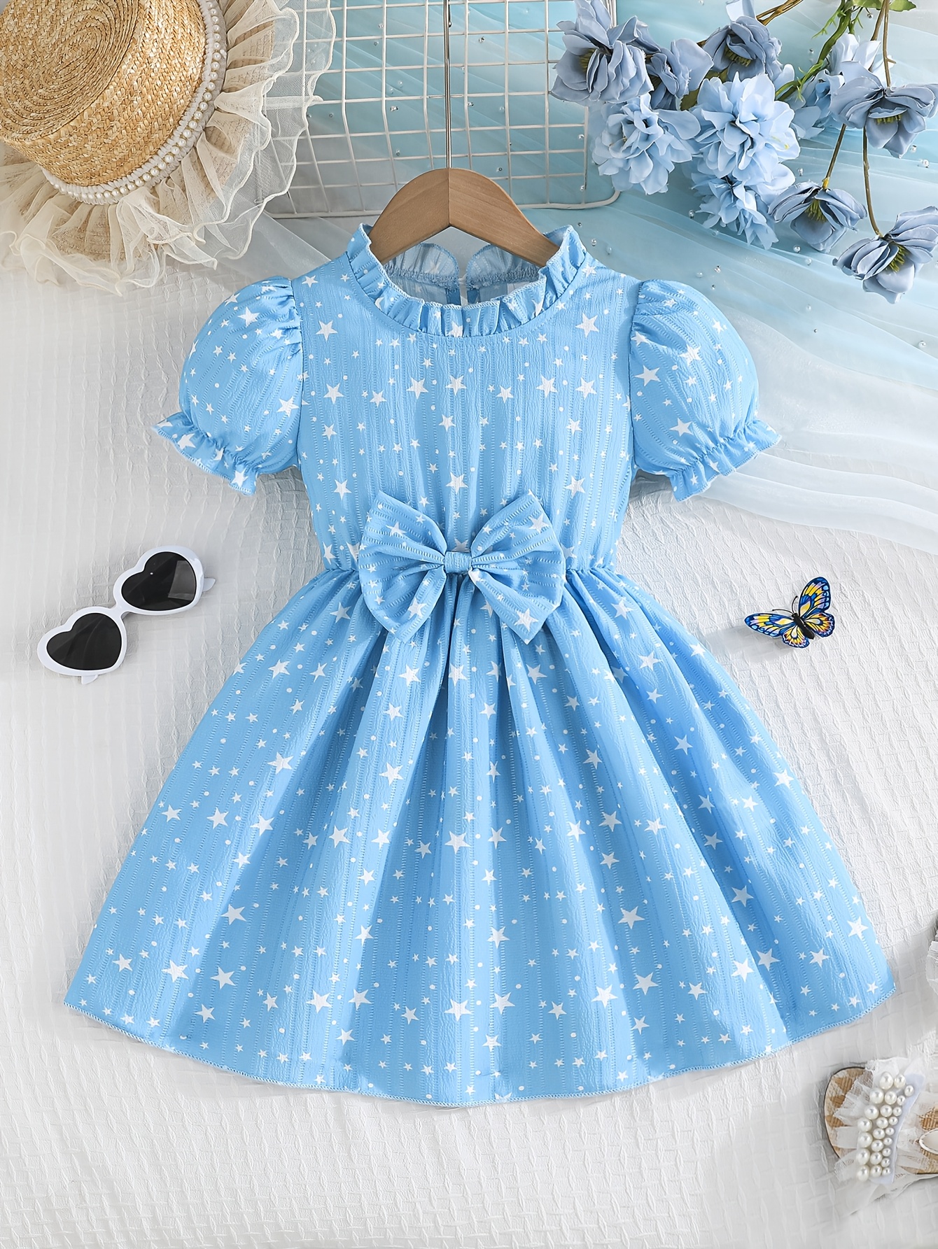 Girls' Puff Sleeve Dress with Collar Bow Waist A-Line Short Sleeve  Party Dress for Summer, Birthday Outfits Costumes M
