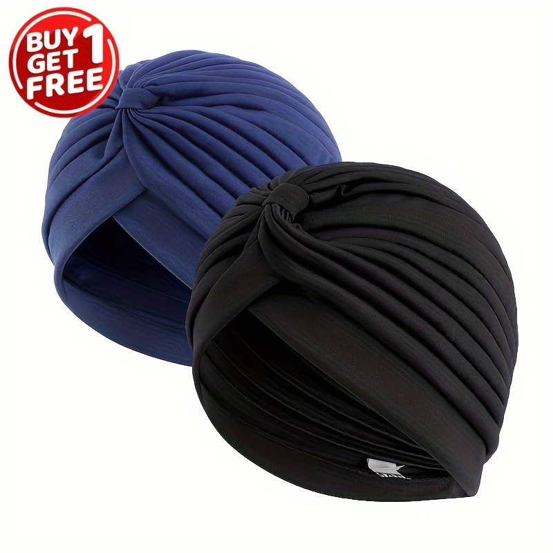 

2pcs Knot Crinkle Turban Black & Dark Blue Headwrap Elastic Head Scarf Lightweight Bonnet Chemo