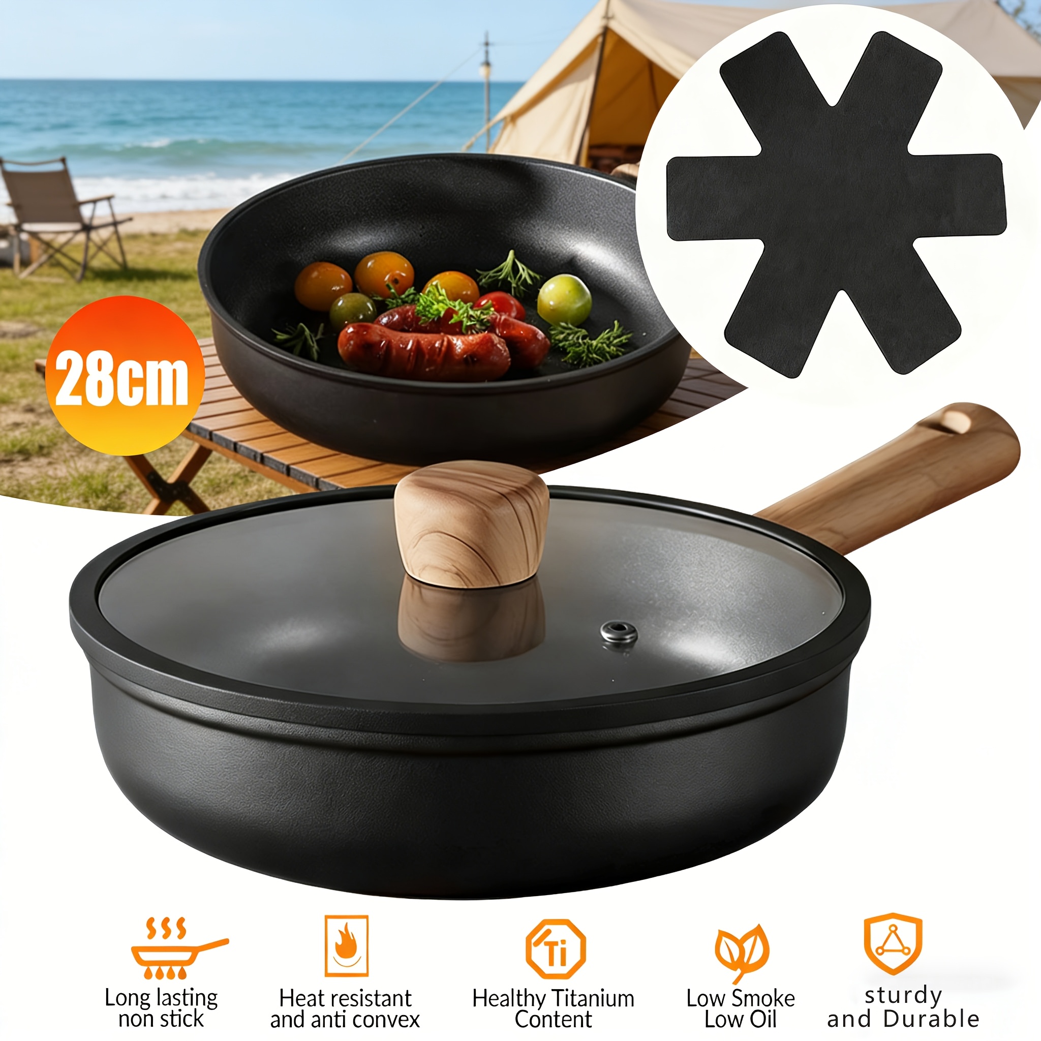 TEMU 1pc Frying Pan With Lid + Felt Mat | Suitable For Pasta Cooking, , Boiling, Ramen Preparation | Multi-functional Double-layer Base Cooking Pot |