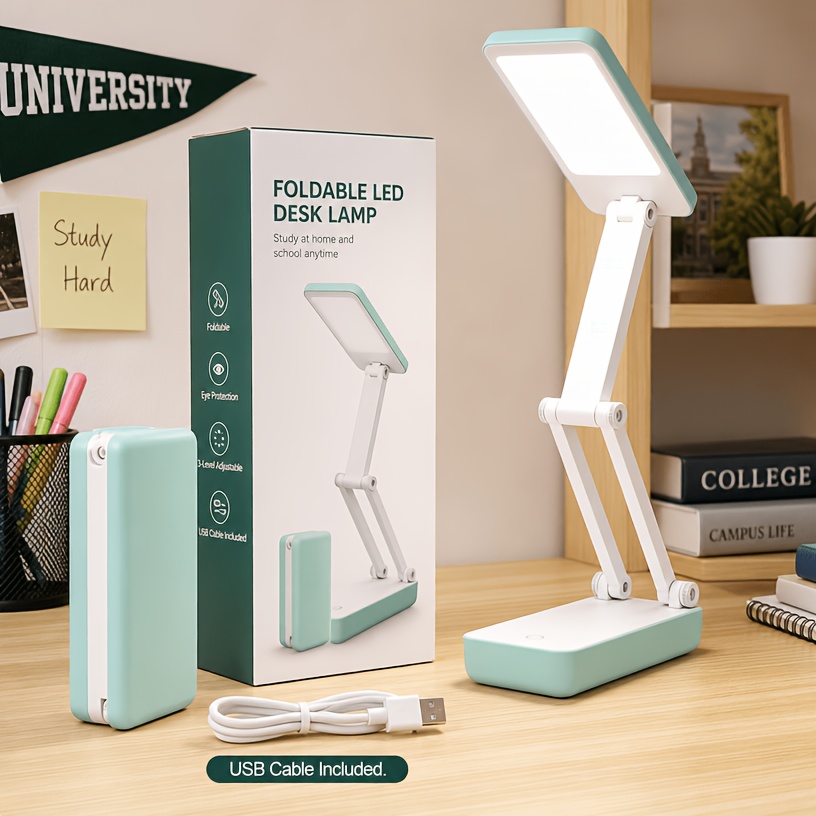 TEMU Foldable Portable Led Desk Lamp, Usb Powered Or Battery Operated, Adjustable Reading Light With 3 Brightness , Space-saving Table Lamp For Dorm