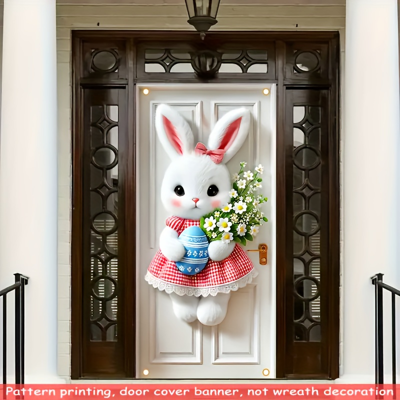 

1pc Easter Bunny & Floral Door Cover - Polyester, Easy-to-hang, No Power Required, Outdoor Parties & Garden Decor, 35.43" X 70.86, Bunny Accessories