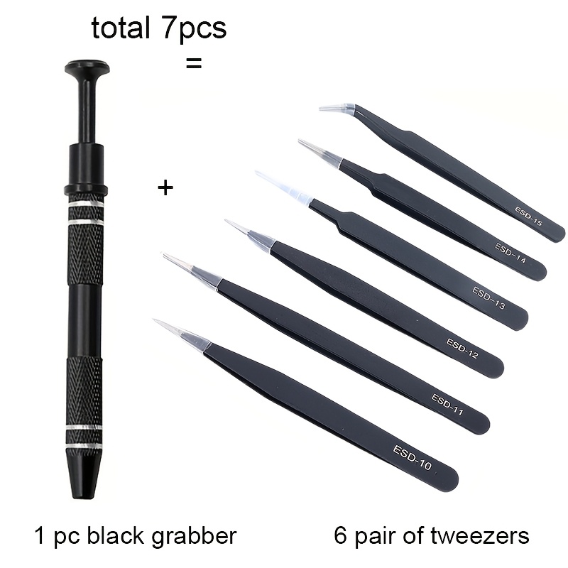 TEMU 7pcs Professional Non-magnetic Jewelry Making Pliers And Tweezers Set, Including 6 Tweezers With Different Plier Types: Multi-functional Curved,