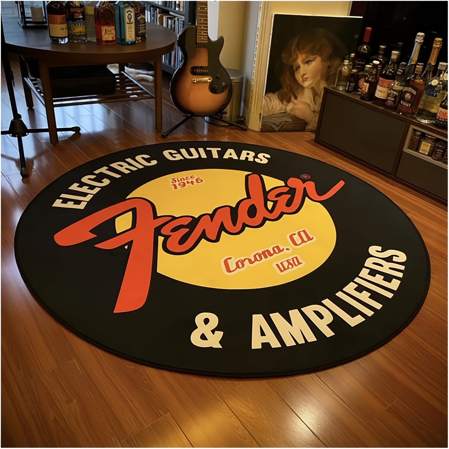   amplifiers round area rug non slip polyester backing machine made entryway bedroom mat hand washable black plush carpet with guitar music print 1cm thickness details 3