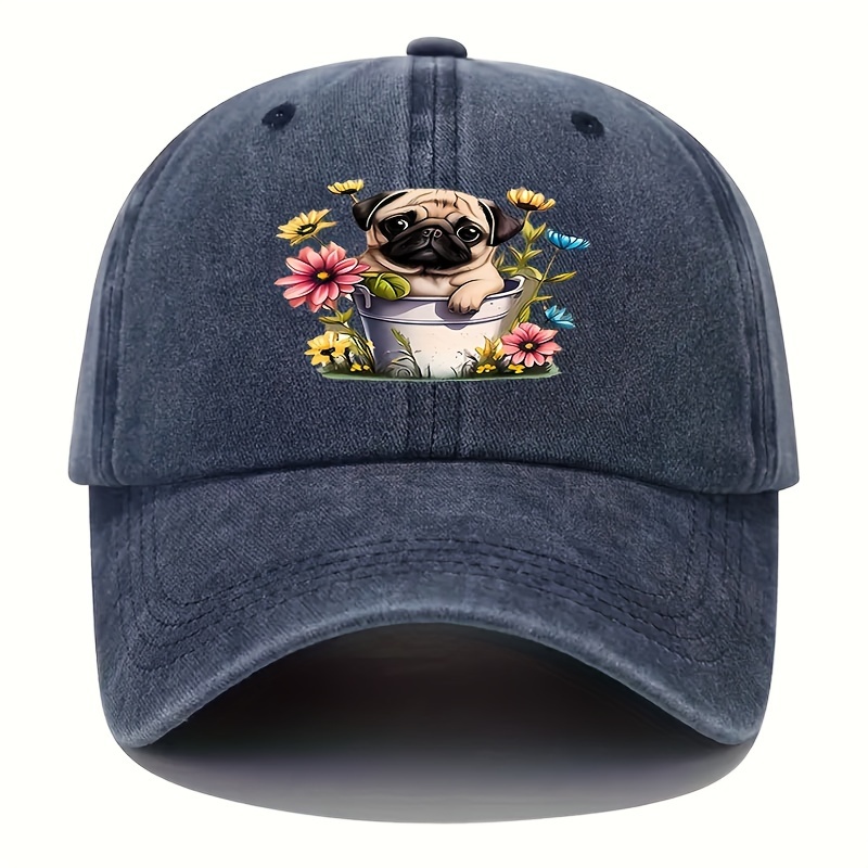 

Cute Pug Dog Print Baseball Cap - 100% Cotton Adjustable Unisex Hat - Vintage Washed Style, Ideal Sun Protection For Outdoor Activities, Hand Washable