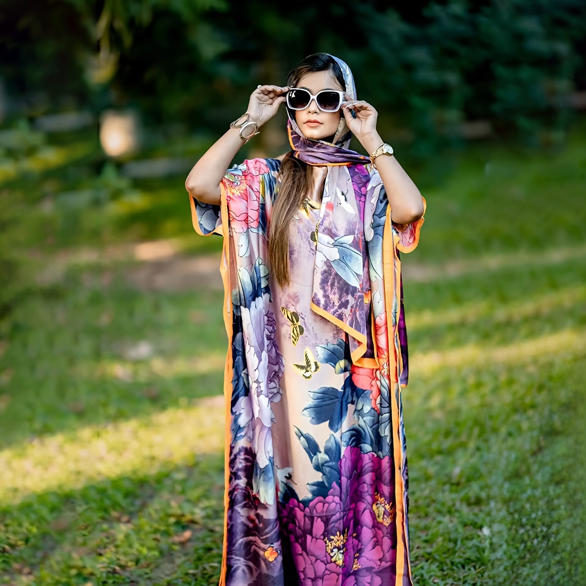 

2pcs Vintage Floral Print Scarf Robe Combination, Faux Silk Long Dress With Matching Beach Shawl, Uv Protective Clothing, Retro Style Summer Outfit