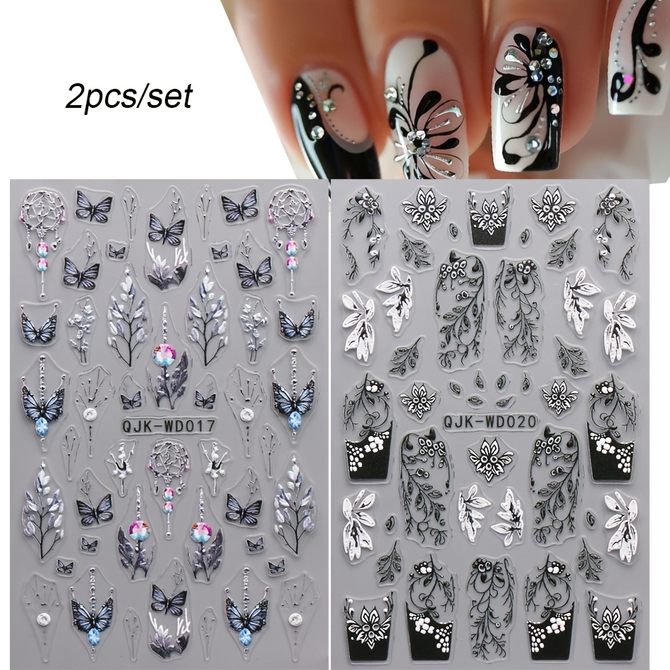 2pcs 5d Embossed Nail Art Stickers, Y2k Dark Flowers Leaves Nail Decals Adhesive Nail Art Supplies