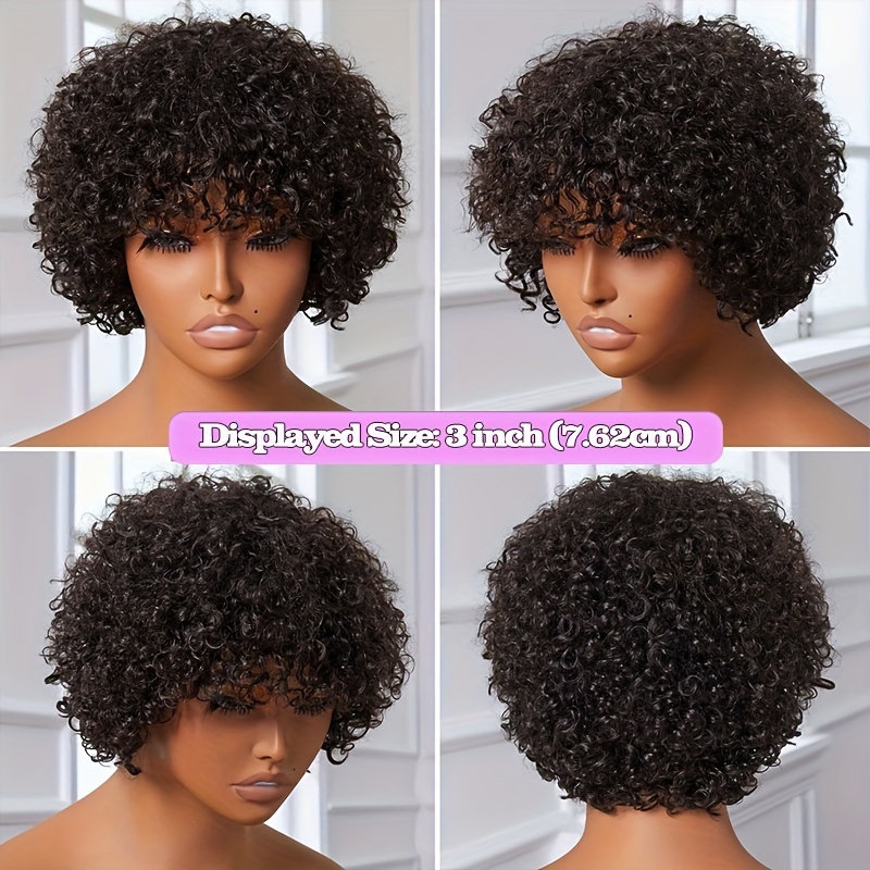 TEMU Short Wigs Human Hair Afro Natural Wig For Women Human Hair Cut Wig With Bangs 150% Density None Lace Front Bob Wigs 1b Color