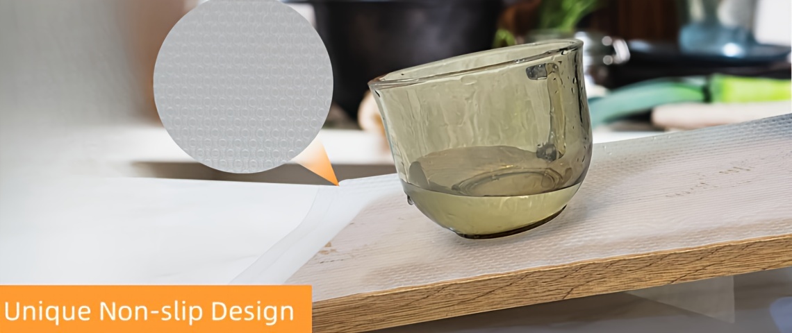 1 roll of waterproof and anti slip plastic shelf liner roll, multi-purpose cabinet drawer liner. Suitable for cutting mats in kitchens, refrigerators, and tables.