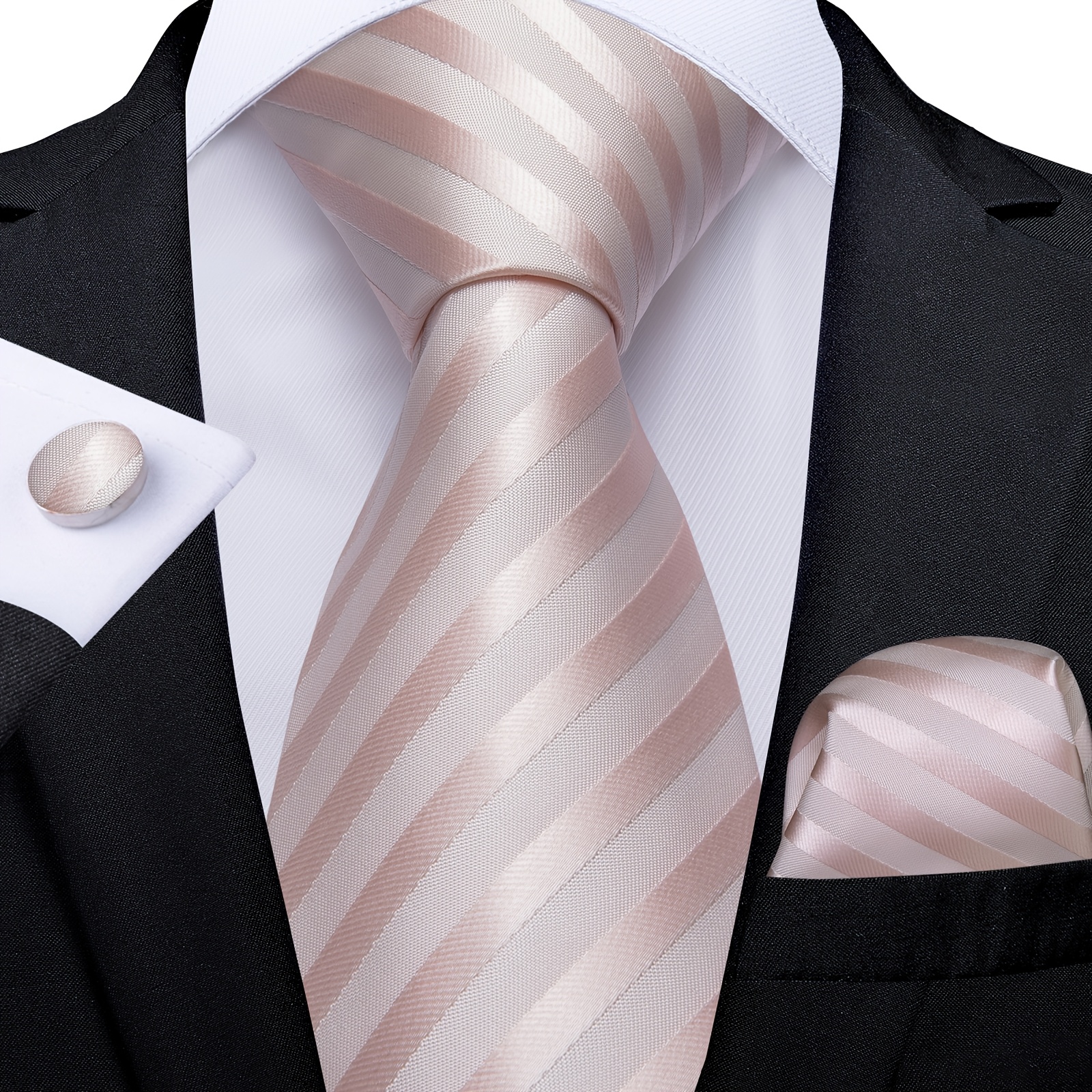 Soft Diagonal Stripe Men's Tie Set With Pocket Square & Cufflinks, Romantic Accessory For Spring Weddings, Bridal Showers & Date Nights