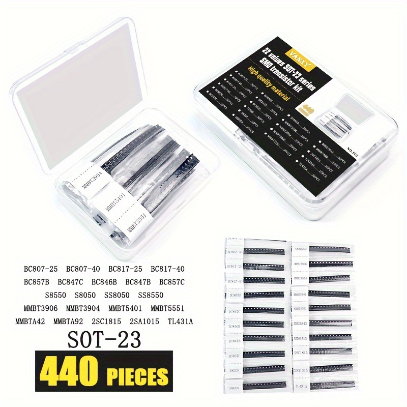 

Sot-23 Transistor And Assortment Kit - 440 Piece, Multi- Including Bc807, Bc817-40, Bc847c, Bc847b, Bc857c, S8550, S8050, Mmbt3904, Mmbt5401, Mmbta42, Mmbta92, Tl431 - For Electronics Diy And Repair