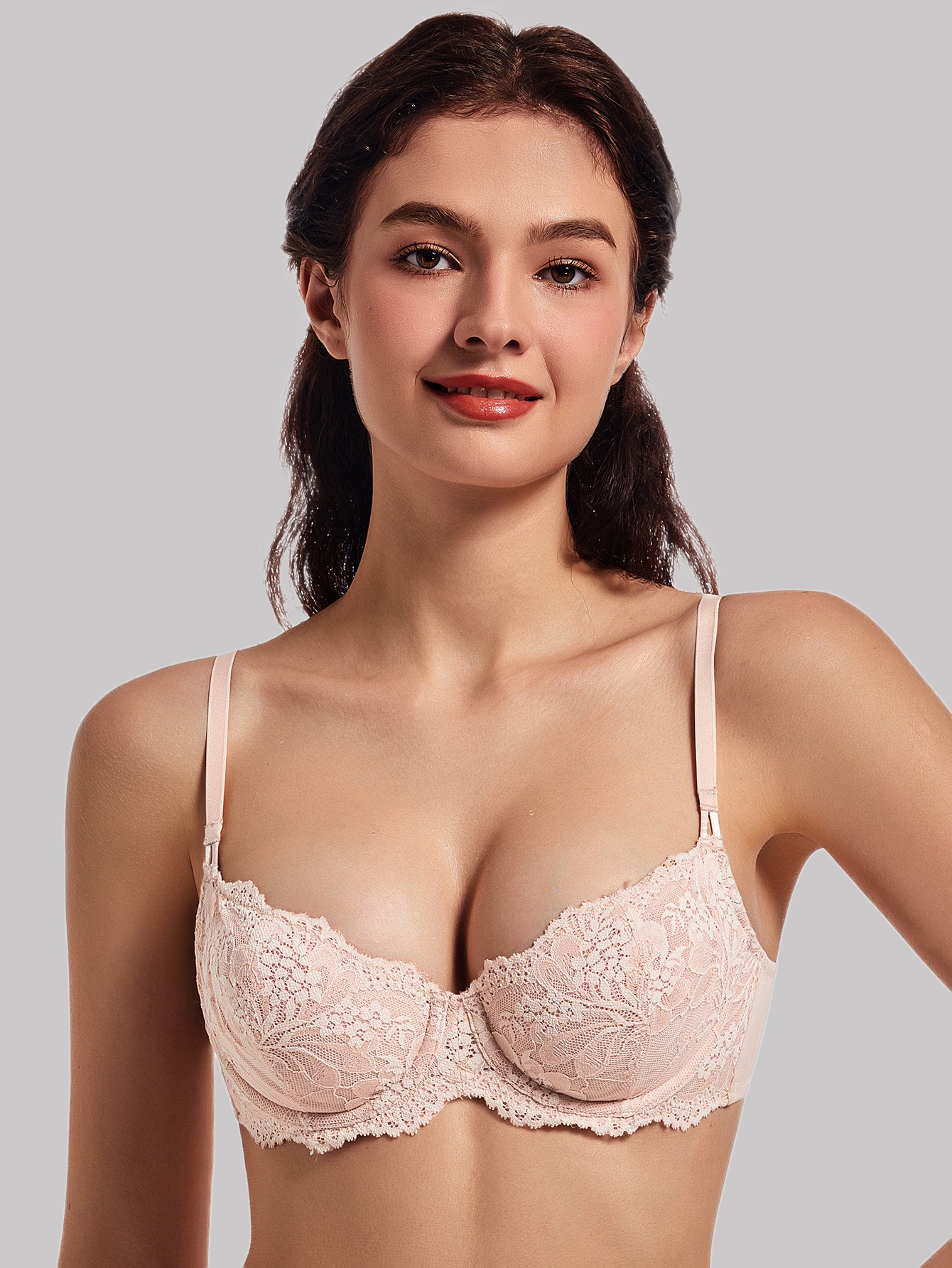 MELENECA Dames Plus Size Doorzichtige Balconette Push-Up BH - Sexy Kanten Trim, Draadondersteuning, Geen Vulling, Medium Stretch, Roze Gouden Accents, Romantische Ontwerp voor Casual Kleding, Comfortabele Ondergoed, Elegante Ondergoed, BH zonder Vulling