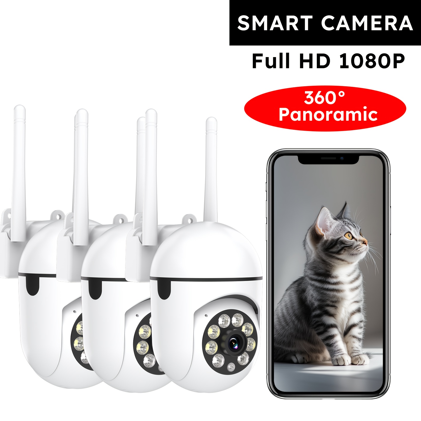 TEMU 3pcs Wireless Wifi Pet Security Camera, Outdoor Weather-proof Water-proof Camera, 1080p Hd, Color Night Vision, 2-way Audio, Ease , 360