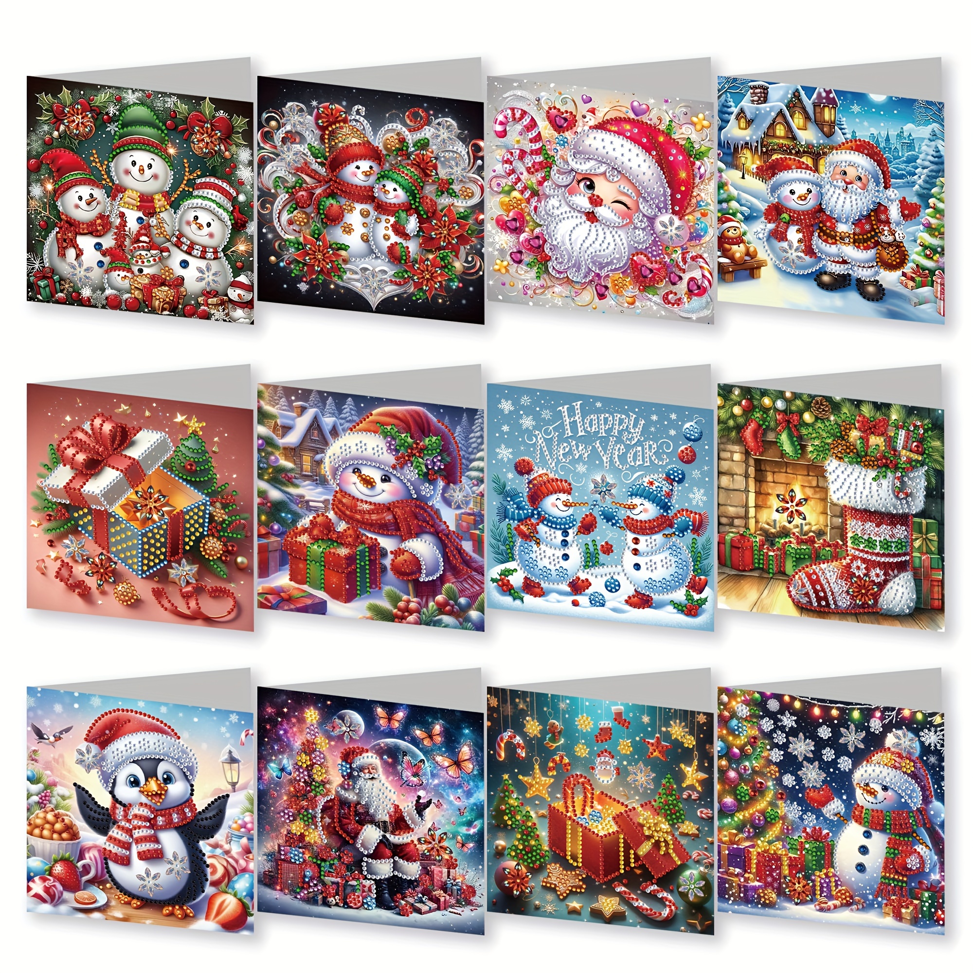 

12-pack Diamond Painting Card Kits, Christmas Santa, Snowman, Penguin Designs, Diy Handmade Greeting Cards With Irregular Shapes, Paper Material, Craft For Holiday Wishes, Birthday Party Cards