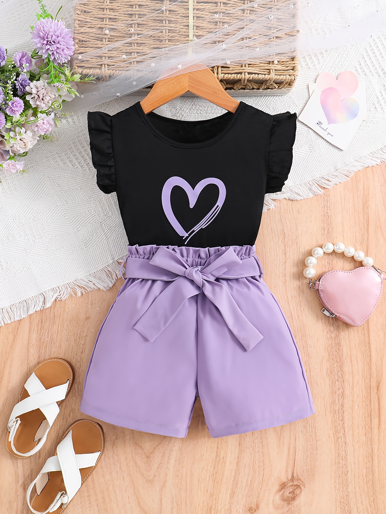 Summer Casual Round Neck Sleeveless Top and Solid Color Shorts with Belt Set for Girls, Perfect for Outdoor Activities, Casual Attire, Summer Outfit, Summer Fashion