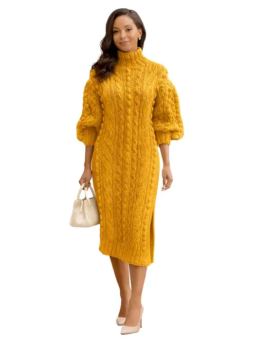 Women's Sweater Dress - Textured Puff Sleeve High Neck Maxi Dress with Split Hem | Solid Color Round Neck Blouse-Compatible for, Wedding, Church | Machine Washable Dress (No *) Women's Sweater Dress - Textured Puff Sleeve High Neck Maxi Dress with Split Hem | Solid Color Round Neck Blouse-Compatible for, Wedding, Church | Machine Washable Dress (No *)