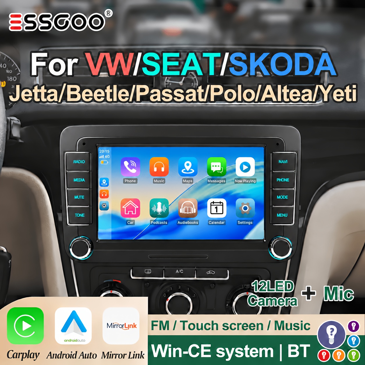 Image of Essgoo 7 Inch Wince Car Radio For Vw Seat Jetta Altea , Touch Screen Carplay Auto , Wireless 5.0 Rds Am Fm Receiver With Camera Input, Free Backup Camera & Mic