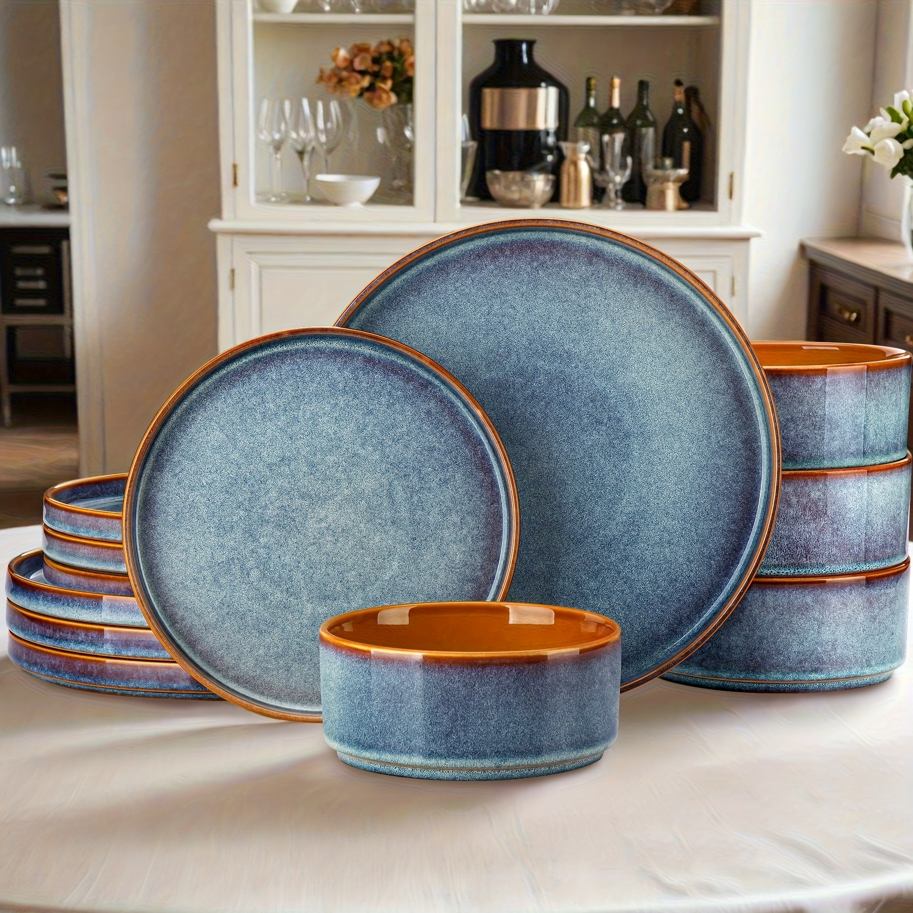 TEMU 12pcs Dinnerware Set For 4, Blue Dinner Service - Round Plates And Bowls, Elegant Tableware Including Dinner Plates, Cereal Bowls, Dessert