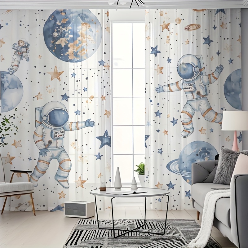 E-shop 2 Stück Halbtransparente Vorhänge, Traumhafte Sternenhimmel-Astronauten-Motiv Aquarellvorhänge, Ideal für Schlafzimmer, Wohnzimmer, Küche, Café,