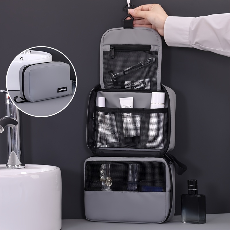 TEMU Men's Travel Toilet Bag - Large Capacity Cosmetics Storage Bag With Hooks, Mesh Multiple Compartments, Portable Bathroom Storage Bag, Can Store