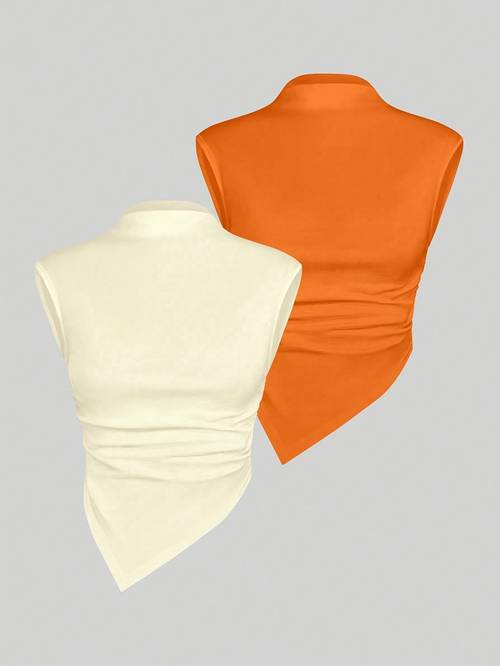 womens mock neck asymmetrical fitting versatile solid vest two piece set