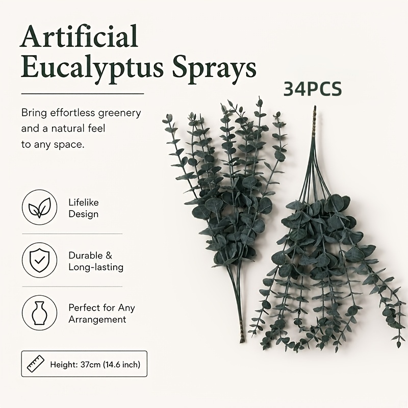 TEMU 34pcs Green Eucalyptus And Eucalyptus Leaves - Perfect Simulation Greenery, Suitable For Home Decor, Floral Arrangement, Eucalyptus Leaves,