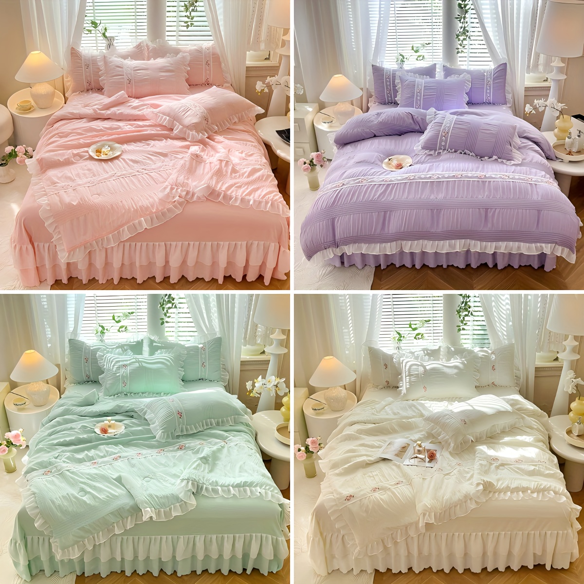 4pcs bed skirt bed cover set seersucker solid color lace - Temu
