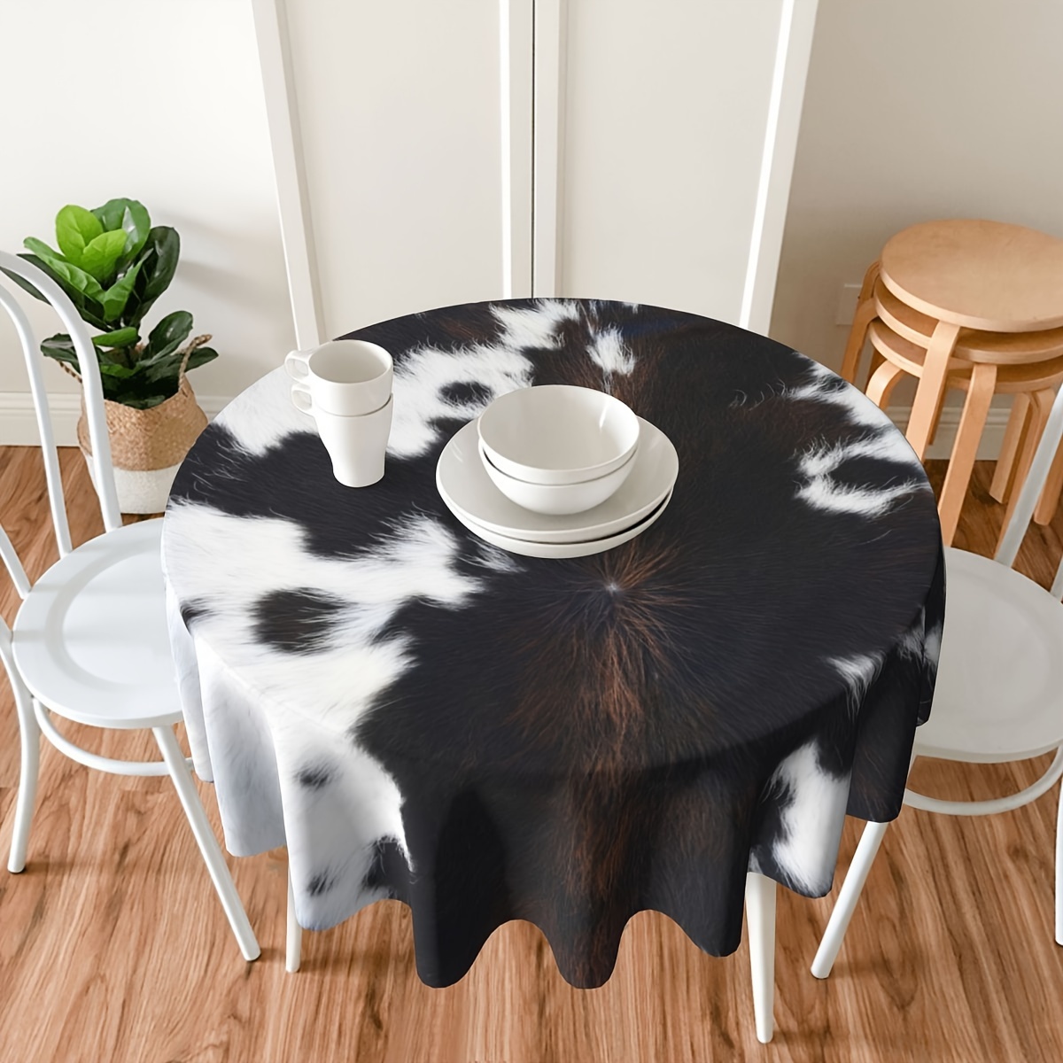 

Black And White Cowhide Print Tablecloth: Handmade, Durable, And Easy To Clean