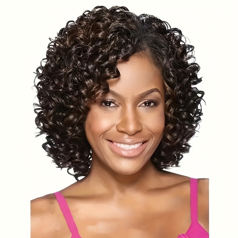 TEMU Short Curly Afro Wigs For Women Synthetic Fiber Hair Wigs With Side Bangs For Daily Party Halloween Use