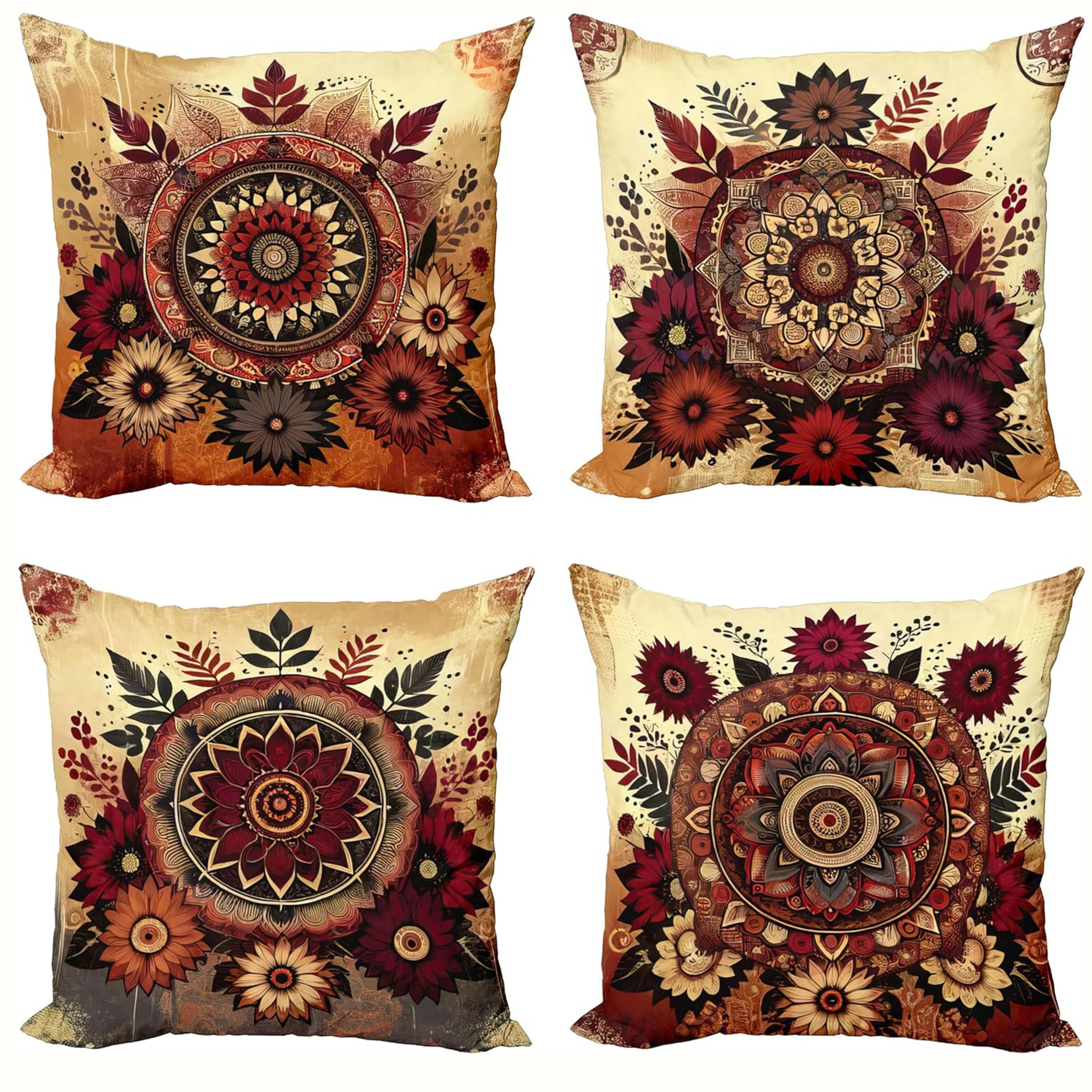 

4-piece Set Boho Mandala Throw Pillow Covers - Burnt Orange & Raspberry, Single-sided Design, Polyester, Zip Closure - Perfect For Living Room, Bedroom, Sofa Decor (16x16", 18x18", 20x20")