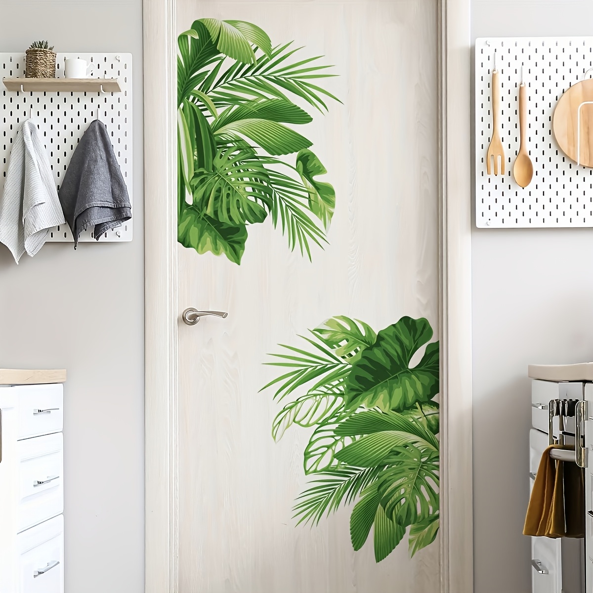 Image of 2pcs 2d Flat Printed Tropical Plant Style Wall Stickers, Summer Furniture Decorative Decals, To Living Room Walls, Bedrooms, Doors, Dining Rooms, And , Tropical , Removable, , Fade-resistant