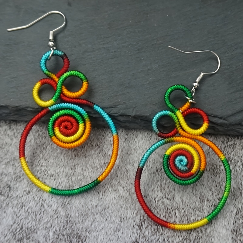 

Malang Vintage Style Handcrafted Rainbow Polyester Thread Wrapped Earrings, Ethnic Bohemian Pendant Dangle Ear Drops, Unisex Fashion Jewelry For And Casual Wear, , No Metal Components - 1 Pair