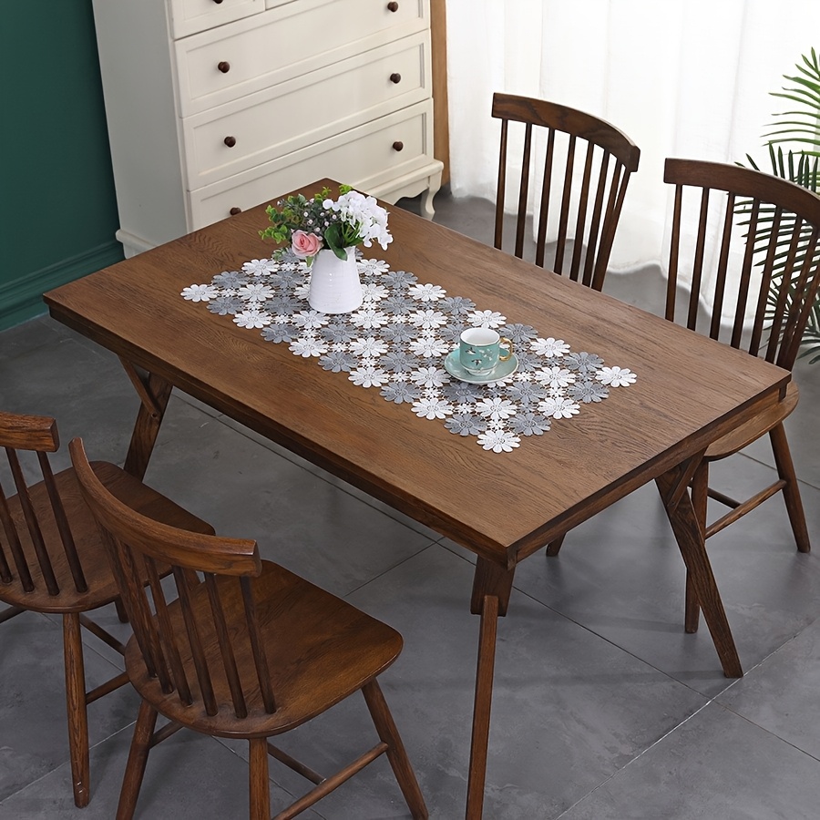 Image of 1pc White Gray Hollow Two-color Sunflower Rectangular Lace Tablecloth Elegant Rectangular Holiday Table Decoration Wedding Table Cover Daisy Flower Restaurant Tablecloth