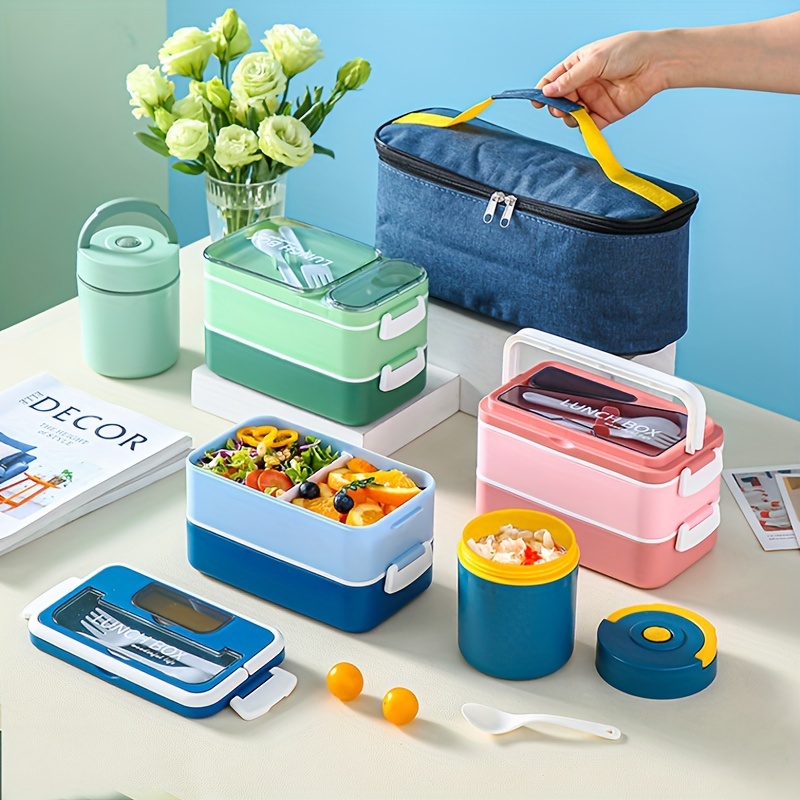 

5pcs Set Of Double-layer Large-capacity Lunch Boxes With Insulation Bag, Japanese-style Lunch Box With Microwave Sealable Heating, Student Lunch Box With Cutlery And Insulation Bag