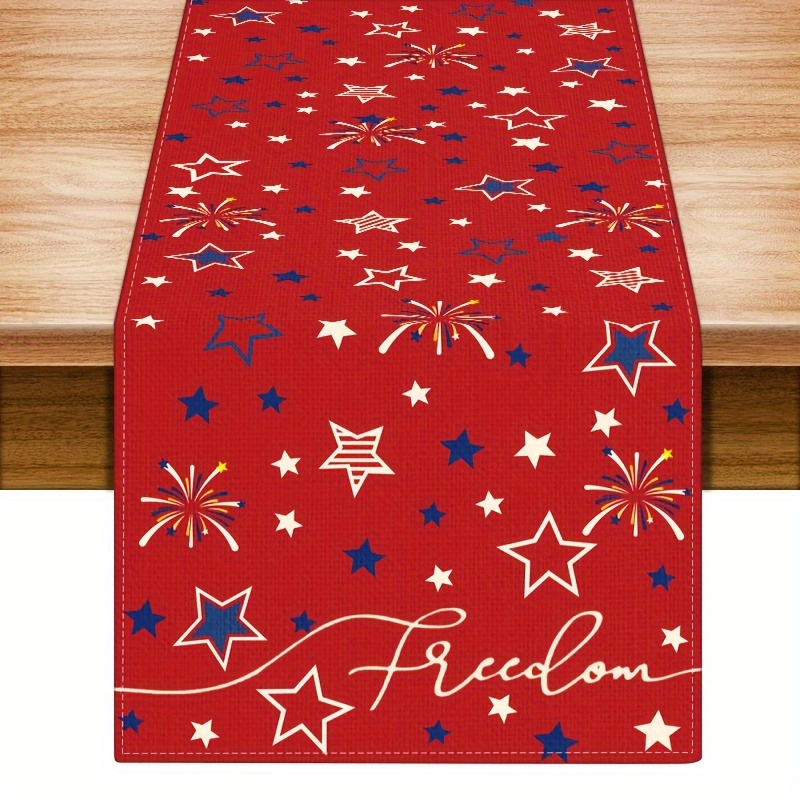 

1pc, Patriotic Table Runner, Red Festive Decor, Independence Day Celebration, Polyester Material, Stars And Firework Design, Dining Table Decoration